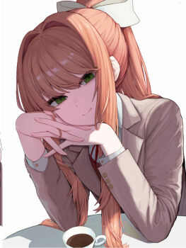 1girl bow brown_cardigan cardigan closed_mouth coffee coffee_mug cup doki_doki_literature_club doki_doki_literature_club_school_uniform green_eyes hair_bow head_rest hesanily long_hair looking_at_viewer monika_(doki_doki_literature_club) mug ponytail school_uniform shirt sidelocks smile solo very_long_hair white_background white_bow white_shirt