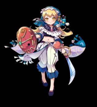 1girl bandeau black_background blonde_hair blue_headscarf blush breasts cape closed_mouth detached_sleeves flats full_body headscarf highres holding holding_shield holding_sword holding_weapon long_hair medium_breasts merc_storia merc_storia_art_team navel official_art pants purple_shoes rin_(merc_storia) sash shield shoes simple_background smile solo standing sword tachi-e v-shaped_eyebrows weapon white_cape white_pants wide_sleeves yellow_eyes