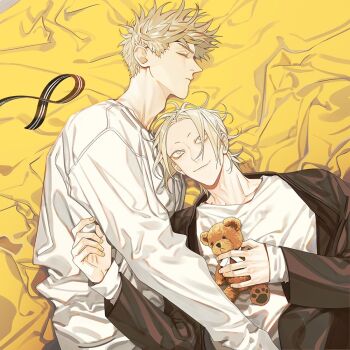19_tian 2boys black_jacket blonde_hair brown_hair closed_eyes holding holding_stuffed_toy jacket jian_yi long_sleeves looking_at_another lying male_focus multiple_boys old_xian on_bed profile ribbon shirt stuffed_animal stuffed_toy teddy_bear white_shirt yaoi yellow_blanket zhan_zheng_xi