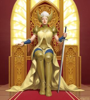 Rule 34 | 1girl, armor, armored boots, blonde hair, blue eyes, blurry, blurry background, boots, commentary, dress, english commentary, freyja (marvel), frigga (marvel), gold armor, gold boots, holding, holding sword, holding weapon, looking at viewer, marvel, marvel snap, mature female, official art, parted lips, planted, planted sword, planted weapon, short hair, signature, sitting, sitting on throne, solo, sword, thor (marvel) (series), weapon, window, winged headwear, yellow dress, yoon junggeun