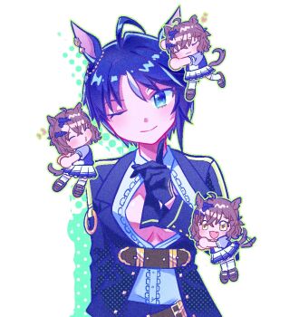 Rule 34 | 2girls, :3, ;), ahoge, animal ears, belt, black hair, black jacket, black necktie, black pants, blue eyes, braid, breasts, brown belt, brown hair, center frills, chibi, chibi inset, cleavage, closed mouth, collared shirt, commentary request, cowboy shot, crossed bangs, ear ornament, ear piercing, fang, frilled shirt, frills, fuji kiseki (shooting star revue) (umamusume), fuji kiseki (umamusume), gloves, hair between eyes, hair ornament, hairclip, half up braid, heart, horse ears, horse girl, horse tail, index finger raised, jacket, jungle pocket (umamusume), large breasts, loafers, long sleeves, looking at viewer, medium hair, multicolored hair, multiple girls, necktie, notched ear, o3o, one eye closed, onion099, open clothes, open jacket, open mouth, pants, partially unbuttoned, piercing, pleated skirt, purple shirt, sailor collar, sailor shirt, school uniform, shirt, shoes, short hair, short sleeves, sidelocks, skirt, smile, standing, summer uniform, tail, tracen school uniform, umamusume, underbust, white hair, white skirt, yellow eyes