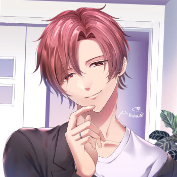 1boy black_jacket closed_mouth collarbone commentary_request hair_between_eyes head_tilt highres jacket jewelry looking_at_viewer male_focus original plant red_eyes red_hair ring sakura_(0tjagjmgptjm) shirt short_hair signature smile solo white_shirt