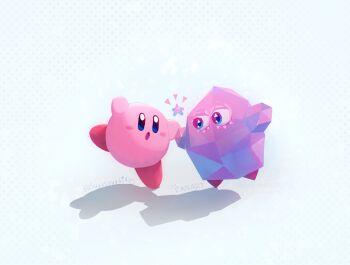 :o blue_eyes blush_stickers character_request donkey_kong_(series) donkey_kong_bananza fractone_(donkey_kong) highres holding_hands kirby kirby_(series) nintendo no_humans open_mouth simple_background standing suyasuyabi twitter_username white_background