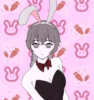 1girl animal_ear_hairband animal_ears black_leotard breasts cleavage collar commentary english_commentary fake_animal_ears grey_eyes grey_hair hairband leotard light_frown long_hair looking_at_viewer nephis_(shadow_slave) playboy_bunny rabbit_ear_hairband rabbit_ears shadow_slave solo upper_body velenr