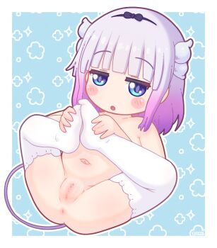 1girl 2025 :o anus belly blush censored dragon_girl dragon_horns female_focus hairband half-closed_eyes horns kanna_kamui kobayashi-san_chi_no_maidragon legs loli looking_at_viewer mosaic_censoring navel pussy smoog solo stomach tagme thighhighs thighs
