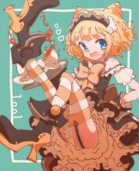 Rule 34 | 1girl, :d, black dress, black footwear, blonde hair, blue eyes, blunt bangs, boots, cone hair bun, cup, double bun, dress, frilled dress, frills, full body, hair bun, high heel boots, high heels, highres, holding, holding tray, knee up, leg up, looking at viewer, maid headdress, minami mirei, open mouth, pretty series, pripara, ruru ashihara, saucer, short hair, smile, solo, spilling, striped clothes, striped thighhighs, tea, teacup, thighhighs, third-party source, tray, wing hair ornament