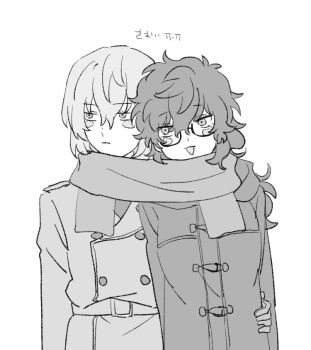 1boy 1girl akechi_gorou blush_stickers genderswap glasses hand_on_another&#039;s_waist long_hair looking_to_the_side male_focus persona persona_5 scarf shared_clothes shared_scarf torihikittana