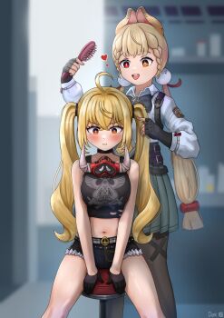 2girls absurdres alice_thymefield alternate_hairstyle animal_ears black_gloves black_pantyhose black_shirt black_shorts blonde_hair brushing_another&#039;s_hair brushing_hair dart3_9 fingerless_gloves gloves green_skirt hair_brush heterochromia highres holding holding_brush long_hair looking_at_viewer low_twintails luciana_de_montefio multiple_girls open_mouth pantyhose rabbit_ears rabbit_girl red_eyes shirt short_shorts shorts skirt smile twintails very_long_hair yellow_eyes zenless_zone_zero