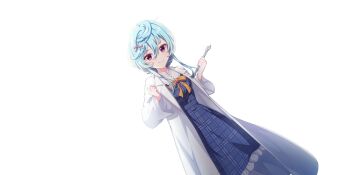 1girl blue_dress blue_hair bow bowtie breasts clenched_hand coat dot_nose dress dutch_angle feet_out_of_frame game_cg grey_bow hair_between_eyes hair_bow highres holding holding_wrench lab_coat lapis_re:lights long_sleeves looking_at_viewer maryberry_(lapis_re:lights) official_art open_clothes open_coat plaid_clothes plaid_dress purple_eyes short_hair_with_long_locks simple_background small_breasts smile solo third-party_source transparent_background white_coat wrench yellow_bow yellow_bowtie