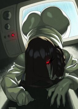 1girl absurdres ass backlighting bare_shoulders bent_over black_hair black_nails black_sclera braid breasts colored_sclera covered_face crawling crt dayteghoul dial_television ghost ghost_girl hair_over_face hands_on_ground highres horror_(theme) huge_ass indoors large_breasts long_hair looking_at_viewer pale_skin red_eyes robe side_braid single_braid solo television the_ring through_medium through_screen top-down_bottom-up white_robe yamamura_sadako