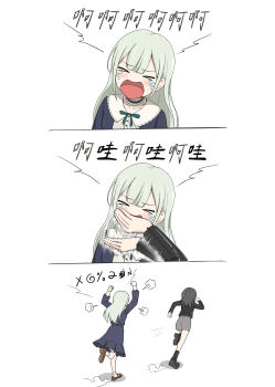 Rule 34 | > <, 2girls, absurdres, anglediana, angry, bang dream!, bang dream! it's mygo!!!!!, black boots, black choker, black jacket, blue dress, boots, brown shoes, chasing, chinese commentary, chinese text, choker, commentary request, covering another's mouth, crying, dress, frilled choker, frills, grey skirt, highres, jacket, long hair, mortis (bang dream!), mortis (persona) (bang dream!), multiple girls, open mouth, shoes, skirt, socks, translation request, wakaba mutsumi, white socks, yahata umiri