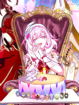 3girls absurdres ancient_egyptian_clothes aponia aponia_(mesmerizing_blue) beret birthday_cake breasts cake chair chinese_commentary commentary_request cupcake diamond-shaped_pupils diamond_(shape) dress earrings eden_(honkai_impact) elf elysia_(hi_love_elf)_(honkai_impact) elysia_(honkai_impact) food fu_hua gloves griseo griseo_(starry_impression) hair_ornament hat heart heart_earrings heart_hair_ornament highres honkai_(series) honkai_impact_3rd jewelry kalpas_(honkai_impact) kevin_kaslana kosma large_breasts long_hair looking_at_viewer miyoushe_watermark mobius_(honkai_impact) mobius_(scorching_gravel)_(honkai_impact) multicolored_hair multiple_girls official_alternate_costume on_chair pardofelis pink_hair pointy_ears purple_eyes qingxu_xiao_dai_ovo red_dress sitting smile su_(honkai_impact) symbol-shaped_pupils thirteen_flame-chasers_(honkai_impact) two-tone_hair very_long_hair vill-v watermark white_dress white_gloves white_hair yae_sakura