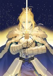 Rule 34 | 1girl, ahoge, armor, armored dress, artoria pendragon (all), artoria pendragon (fate), blonde hair, blue background, blue cape, blue dress, blue ribbon, braid, braided bun, breastplate, cape, cowboy shot, crown, dress, fate/grand order, fate (series), faulds, fur-trimmed cape, fur trim, gauntlets, glowing, glowing sword, glowing weapon, green eyes, hair between eyes, hair bun, hair ribbon, hands up, highres, holding, holding sword, holding weapon, light particles, long sleeves, looking at viewer, ribbon, saber (fate), serious, single hair bun, solo, straight-on, sword, sword in front of face, weapon, wuren daoshang dekezong