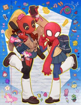 ! 2boys asaki_r backpack bag black_bodysuit black_skirt blue_bodysuit bodysuit bow bowtie bracelet brown_jacket brown_shoes buttons cellphone charm_(object) chinese_commentary closed_eyes crossdressing crossdressing_(mtf) deadpool deadpool_(series) digital_media_player footwear_bow full_body hand_up hands_up heart_ornament highres holding holding_phone ipod ipod_shuffle ipod_shuffle_4g jacket jewelry leg_warmers long_sleeves male_focus marvel miniskirt multicolored_bodysuit multiple_boys multiple_views phone pleated_skirt purple_bow red_bodysuit red_bow red_bowtie ring shoes skirt smartphone spider-man spider-man_(series) spider_web_print standing standing_on_one_leg star_(symbol) striped_bow striped_bowtie striped_clothes superhero_costume sweater_vest tamagotchi_(virtual_pet) two-tone_bodysuit virtual_pet_(toy) weapon weapon_on_back yellow_sweater_vest