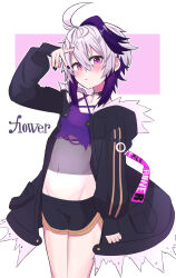 Rule 34 | 1girl, adjusting hair, ahoge, androgynous, black choker, black jacket, black nails, black shorts, character name, choker, closed mouth, crop top, cross-laced clothes, cross-laced top, expressionless, flower (gynoid talk), flower (vocaloid), fur-trimmed jacket, fur trim, gynoid talk, hair between eyes, highres, huge ahoge, jacket, light blush, looking at viewer, midriff, multicolored hair, navel, open clothes, open jacket, outline, purple eyes, purple hair, purple shirt, shirt, short hair, shorts, sidelocks, simple background, solo, streaked hair, sukenoota, thighs, tomboy, vocaloid, white hair, white outline