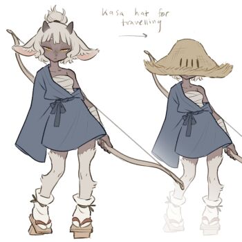 animal_ears arm_wrap body_fur bow_(weapon) chest_sarashi commentary english_commentary furry furry_female goat_ears goat_girl goat_horns hat highres holding holding_bow_(weapon) holding_weapon horns japanese_clothes off_shoulder original sandals sarashi straw_hat tateoftot weapon white_fur yellow_eyes