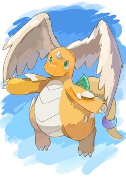 Rule 34 | blue sky, day, dragonite, feathered wings, gen 1 pokemon, green eyes, head wings, horns, illustrattyako, mega dragonite, nintendo, outdoors, pokemon, pokemon (creature), single horn, sky, solo, tail, white wings, wings