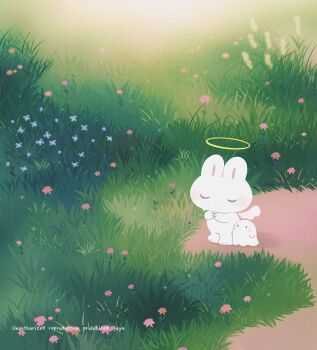 Rule 34 | angel wings, animal focus, artist name, ayu (mog), blue flower, closed eyes, commentary, day, english commentary, flower, ghost, grass, halo, no humans, original, outdoors, rabbit, red flower, traditional halo, watermark, wings
