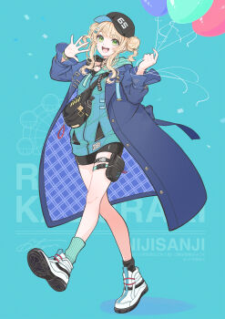 1girl absurdres aqua_socks asymmetrical_footwear asymmetrical_legwear bag balloon baseball_cap bike_shorts black_bag black_hat black_shorts black_socks blonde_hair blue_background blue_bow blue_coat blue_jacket bow character_name coat commentary copyright_name crossbody_bag double_bun fanny_pack full_body green_bow green_eyes hair_bow hair_bun hat highres holding holding_balloon jacket jacket_under_coat kaburaki_roco kaburaki_roco_(1st_costume) looking_at_viewer mismatched_legwear mismatched_socks muto_(n0sug4r) nijisanji open_clothes open_coat open_mouth pouch shoe_soles shoes shorts shoulder_bag sidelocks signature simple_background sneakers socks solo teeth thigh_pouch uneven_footwear unmoving_pattern upper_teeth_only virtual_youtuber white_shoes
