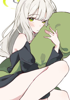 1girl absurdres black_shirt blue_archive blush closed_mouth comorebi feet_out_of_frame green_eyes green_halo grey_hair halo hare_(blue_archive) highres hugging_object long_hair long_sleeves looking_at_viewer off_shoulder pillow pillow_hug shirt simple_background solo white_background