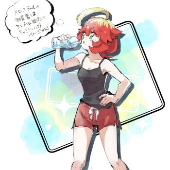 Rule 34 | 1girl, ahoge, alternate costume, black tank top, blonde hair, bottle, collarbone, commentary request, drop shadow, green eyes, hand on own hip, highres, holding, holding bottle, mela (pokemon), multicolored hair, nintendo, piyoina55, pokemon, pokemon sv, red hair, red shorts, shorts, solo, tank top, team star, translation request, two-tone hair, water bottle