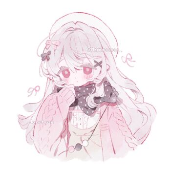 1girl beret bow cardigan grey_hair hair_between_eyes hair_bow hair_ornament hat long_hair long_sleeves memuro open_cardigan open_clothes original polka_dot red_eyes scarf simple_background sleeves_past_wrists sweater twitter upper_body white_background white_hair