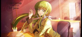 1girl belt black_necktie blurry bokeh book breasts buttons c.c. chair code_geass code_geass:_lost_stories collared_shirt depth_of_field double-breasted floating_hair green_hair hair_ribbon hand_up highres holding holding_pencil indoors jacket leaning_forward light_particles light_rays long_hair long_sleeves looking_at_viewer medium_breasts necktie official_art on_chair open_book parted_lips pencil pencil_case ribbon school_uniform shirt sidelocks sitting solo table teeth twintails white_ribbon white_shirt window yellow_eyes yellow_jacket