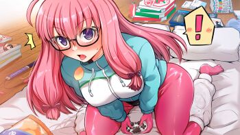 ! @_@ ahoge aqua_jacket bag_of_chips black-framed_eyewear blush bodysuit bodysuit_under_clothes controller cushion end_card futon highres holding holding_controller ideura_shizuri_(neet_kunoichi) jacket long_hair looking_at_viewer multicolored_jacket neet_de_otaku_na_kunoichi_to_naze_ka_dousei_hajimemashita official_art pink_bodysuit pizza_box purple_eyes sitting speech_bubble spoken_exclamation_mark tongue tongue_out two-tone_jacket very_long_hair wariza white_jacket wooden_floor yano_toshinori