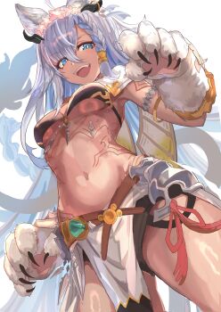 1girl absurdres ahoge animal_ears animal_hands blue_eyes blue_hair braid breasts commentary_request erune flower_wreath gloves granblue_fantasy highres hina_(granblue_fantasy) loincloth long_hair medium_breasts navel okitsugu paw_gloves side_braid tail white_background