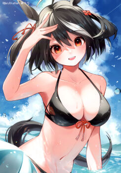 1girl absurdres ahoge animal_ears arm_up bikini black_bikini black_hair breasts cleavage cloud collarbone cowboy_shot day front-tie_bikini_top front-tie_top hair_between_eyes hair_ribbon halterneck highres horse_ears horse_girl horse_tail kitasan_black_(umamusume) lala_(tnre7287) large_breasts looking_at_viewer medium_hair multicolored_hair navel open_mouth outdoors red_eyes red_ribbon ribbon solo stomach streaked_hair swimsuit tail third-party_source two_side_up umamusume water white_hair