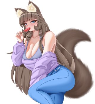 Rule 34 | 1girl, absurdres, animal ear fluff, animal ears, bare shoulders, blue eyes, blue leggings, blunt bangs, blush, breasts, breasts squeezed together, brown hair, cat ears, cat girl, cat tail, cleavage, crop top, fluffy, food, food in mouth, highres, large breasts, leggings, long hair, original, popsicle, popsicle in mouth, purple sweater, solo, sweater, tail, takie, takie arts, very long hair, white background