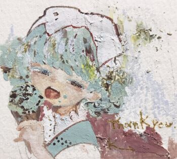 Rule 34 | 1girl, acrylic paint (medium), blue hair, blunt bangs, blush, close-up, commentary request, english text, food, hair ornament, hat, highres, holding, holding food, holding ice cream, ice cream, karintoun, looking at viewer, open mouth, original, painting (medium), portrait, short hair, signature, simple background, smile, thank you, traditional media, watercolor (medium), white background