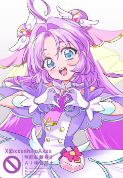 Rule 34 | 1girl, :d, ahoge, akechi anna, blue eyes, blush, bow, brooch, buttons, capelet, commentary, cowboy shot, cure answer, dot nose, double-breasted, double bun, dress, gloves, grey background, hair bun, hair intakes, hair ornament, head tilt, heart, heart brooch, heart hands, heart in eye, jewelry, long hair, looking at viewer, magical girl, meitantei precure!, open mouth, pouch, precure, purple bow, purple capelet, purple dress, purple hair, shirotae runa, sidelocks, simple background, smile, solo, standing, symbol in eye, twitter username, watermark, white gloves