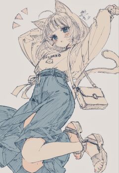 1girl ahoge animal_ear_fluff animal_ears bag bare_legs blue_eyes blue_skirt blush denim denim_skirt hatching_(texture) highres ichiya_refi jacket jumping linear_hatching long_sleeves medium_skirt nail_polish notice_lines open_mouth original pink_nails puffy_long_sleeves puffy_sleeves ribbon sandals shirt shirt_tucked_in short_hair shoulder_bag signature simple_background skirt surprised waist_ribbon white_background white_hair white_jacket white_ribbon white_shirt white_sleeves zako_(phrase)