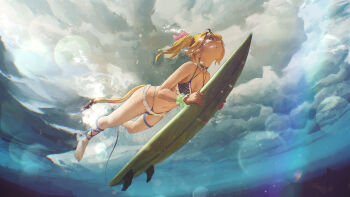 1girl :t absurdres ahoge air_bubble artist_name barefoot bikini black_hair blonde_hair blue_bikini blue_choker breasts bubble choker closed_mouth commentary_request dooby dooby_(summer) feet green_eyes highleg highleg_bikini highres indie_virtual_youtuber jerboa_tail kokono_ka letterboxed medium_breasts multicolored_hair navel o-ring o-ring_choker side_ponytail solo streaked_hair string_bikini striped_bikini striped_clothes submerged surfboard swimsuit thigh_strap toes underwater virtual_youtuber
