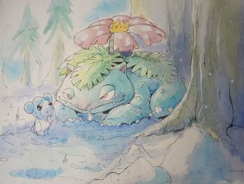 bear blue_fur cold colored_skin cubchoo facing_another flower forest gen_1_pokemon gen_5_pokemon green_skin highres leaf looking_at_another nature nintendo outdoors painting_(medium) pokemon pokemon_(creature) pokemon_focus red_eyes red_flower snot traditional_media tree venusaur venusaur-propaganda watercolor_(medium)
