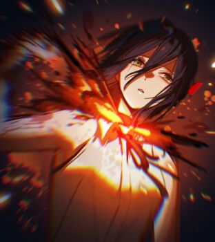 1girl :o absurdres bare_arms black_hair black_ribbon chainsaw_man chromatic_aberration collared_shirt dress_shirt dutch_angle explosion gradient_background green_eyes hair_between_eyes highres lens_flare long_bangs looking_at_viewer neck_ribbon parted_lips reze_(chainsaw_man) ribbon shirt sleeveless sleeveless_shirt solo sparks upper_body wangmou_zilaojuan white_shirt
