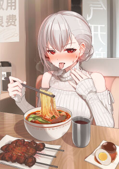 1girl bare_shoulders bison_cangshu blush bowl century_egg_(food) chinese_commentary chopsticks cola commentary_request cup detached_sleeves egg egg_(food) food girls'_frontline grey_hair hair_bun highres holding holding_chopsticks indoors long_sleeves looking_at_viewer noodles open_mouth ramen red_eyes restaurant ribbed_sweater rmb-93_(girls'_frontline) single_hair_bun sitting sleeves_past_wrists solo steam sweat sweater table tongue tongue_out turtleneck white_sweater