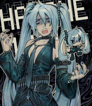 1girl ammunition_belt black_nails black_necktie black_sleeves blue_eyes bracelet collar commentary detached_sleeves english_commentary goomyloid hagane_miku hagane_vocaloid hatsune_miku highres jewelry long_hair necktie open_mouth ring solo spiked_bracelet spiked_hair_ornament spikes twintails very_long_hair vocaloid zipper