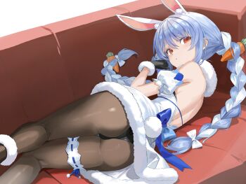1girl absurdres animal_ear_fluff animal_ears ankle_garter ass ass_focus black_gloves black_pantyhose blue_hair blue_ribbon blush braid cameltoe carrot_hair_ornament coat coat_dress couch detached_sleeves dress food-themed_hair_ornament frilled_thigh_strap fur-trimmed_coat fur-trimmed_gloves fur_trim gloves hair_between_eyes hair_ornament hectorrambito highres hololive leotard loli long_hair looking_at_viewer lying multicolored_hair on_couch on_side pantyhose playboy_bunny puffy_detached_sleeves puffy_sleeves rabbit_ears red_eyes ribbon simple_background solo strapless strapless_leotard thick_eyebrows thigh_strap twin_braids two-tone_hair usada_pekora usada_pekora_(1st_costume) virtual_youtuber white_background white_coat white_hair white_sleeves