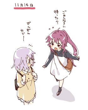 2girls :d ahoge backpack bag black_shirt black_socks blush_stickers brown_shoes collared_shirt contrast_collar dress full_body glasses grey_hair hashtag-only_commentary highres ikeda_chitose long_hair long_sleeves multiple_girls namori open_mouth pinafore_dress pleated_skirt ponytail purple_eyes purple_hair shirt shoes short_hair shoulder_bag simple_background skirt sleeveless sleeveless_dress smile socks standing sugiura_ayano translation_request white_background white_dress white_skirt yellow_shirt yuruyuri
