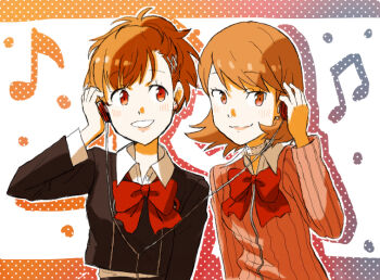 2girls asymmetrical_bangs black_jacket blush bow brown_eyes brown_hair cable cardigan choker collared_shirt cropped_jacket drop_shadow earphones earrings gekkoukan_high_school_uniform grin hair_ornament hand_up headphones holding holding_earphones holding_headphones jacket jewelry listening_to_music long_sleeves looking_at_another looking_at_viewer looking_to_the_side multiple_girls musical_note neck_ribbon persona persona_3 persona_3_portable pink_cardigan red_bow red_eyes red_ribbon ribbed_cardigan ribbon school_uniform shared_earphones shared_headphones sharing shiomi_kotone shirt short_hair smile sphere_earrings swept_bangs takeba_yukari white_choker white_shirt x_hair_ornament yuu_(user_dvwz5234)