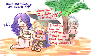 1girl 2boys bad_tag beach bikini blonde_hair brother_and_sister camilla_(fire_emblem) cape closed_eyes fire_emblem fire_emblem_fates fire_emblem_heroes grey_hair hair_over_one_eye leo_(fire_emblem_fates) multiple_boys nintendo one_eye_covered palm_tree paulzilla purple_hair sand siblings sweat swimsuit takumi_(fire_emblem) tree