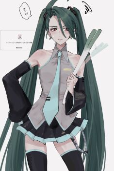 1girl cosplay cowboy_shot earrings facing_viewer frown green_hair hand_on_own_hip hatsune_miku hatsune_miku_(cosplay) jewelry long_hair mtkpasta necktie nintendo pleated_skirt pokemon pokemon_sv red_eyes rika_(pokemon) skirt solo spring_onion squiggle standing thighhighs twintails vocaloid