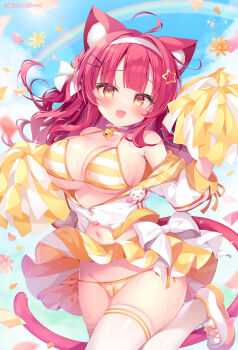 1girl :d absurdres ahoge animal_ear_fluff animal_ears bikini blunt_bangs blush bow breasts cameltoe cat_ears cat_girl cat_tail cheerleader choker cleavage collarbone commentary_request cowboy_shot day fang flower frilled_choker frills hair_bow hair_intakes hair_ornament hairband highres holding holding_pom_poms jacket kirimiya_tsurugi large_breasts long_sleeves looking_at_viewer navel off_shoulder open_mouth original outdoors pom_pom_(cheerleading) pom_poms red_choker red_hair shoes smile sneakers solo star_(symbol) star_hair_ornament striped_bikini striped_clothes striped_thighhighs swimsuit tail thighhighs white_bow white_hairband white_jacket white_shoes white_thighhighs yellow_bikini yellow_eyes yellow_flower