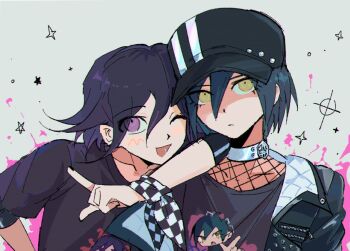 Rule 34 | 2boys, arm on another's shoulder, beluckylucky, black hair, blush, checkered clothes, danganronpa (series), danganronpa v3: killing harmony, fishnet top, fishnets, flipped hair, grey background, hair between eyes, hat, index finger raised, layered clothes, leaning on person, looking at viewer, lower eyelashes only, male focus, multiple boys, off shoulder, oma kokichi, one eye closed, print shirt, purple eyes, purple hair, ringed eyes, saihara shuichi, shirt, short hair, simple background, splatter, star (symbol), t-shirt, undershirt, upper body, yellow eyes
