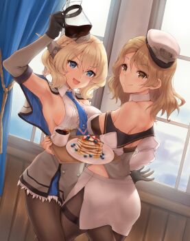 2girls back black_gloves black_legwear black_skirt blonde_hair blouse blue_eyes blue_neckwear braid braided_bangs braided_bun breasts brown_eyes capelet coffee_pot colorado_(kancolle) corset cowboy_shot detached_sleeves dress dutch_angle elbow_gloves food garrison_cap gloves grey_capelet grey_dress grey_headwear hair_bun hat headgear highres houston_(kancolle) indoors k_jie kantai_collection large_breasts light_brown_hair long_hair looking_at_viewer multiple_girls pantyhose pencil_skirt shirt short_hair side_braid side_braids sideboob single_braid skirt sleeveless smile symbol-only_commentary wavy_hair white_headwear white_shirt window