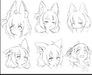 1girl :3 ahoge angry animal_ear_fluff animal_ears cat_ears commentary cropped_shoulders english_commentary fangs fish_girl furrowed_brow half-closed_eyes high_collar indie_virtual_youtuber long_hair low_twintails machapus monochrome multiple_expressions one_side_up paper_boat raised_eyebrow sameko_saba sanpaku simple_background sketch smug twintails v-shaped_eyebrows virtual_youtuber white_background