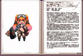 1girl bear character_profile dwarf dwarf_(monster_girl_encyclopedia) female_focus goggles goggles_on_head gradient_hair hammer kenkou_cross long_hair monster_girl monster_girl_encyclopedia multicolored_hair navel official_art open_mouth orange_hair pink_hair solo text_focus twintails