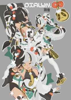 1girl animal_print bare_shoulders bear_print black_hair braid braided_twintails china_dress chinese_clothes commentary daioreulyn detached_sleeves dialyn_(zenless_zone_zero) dress earrings english_commentary hair_extensions hair_ornament highres jewelry long_hair looking_at_viewer multicolored_hair multicolored_nails necktie panda_hair_ornament panda_print ring_hair_extensions split-color_hair star_(symbol) white_hair yellow_eyes yellow_necktie zenless_zone_zero